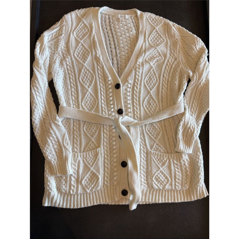 1901 Women's Cream Ivory Cable Knit Button-Front Cardigan with Belt size Large